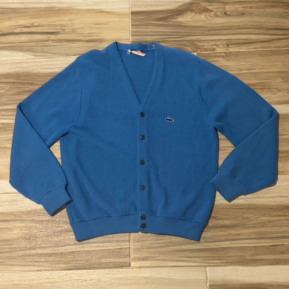 VTG 60s Izod of London Blue Alligator Cardigan Sweater Orlon‎ M L Made in USA